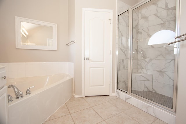 bathroom with tile patterned floors and plus walk in shower