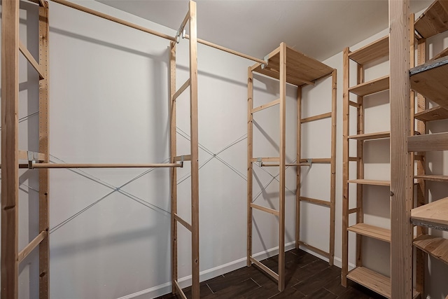 walk in closet with dark wood-type flooring