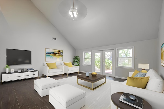 living room with french doors, ceiling fan, high vaulted ceiling, and hardwood / wood-style flooring