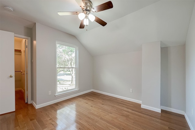 bonus room featuring ceiling fan, lofted ceiling, and light hardwood / wood-style floors