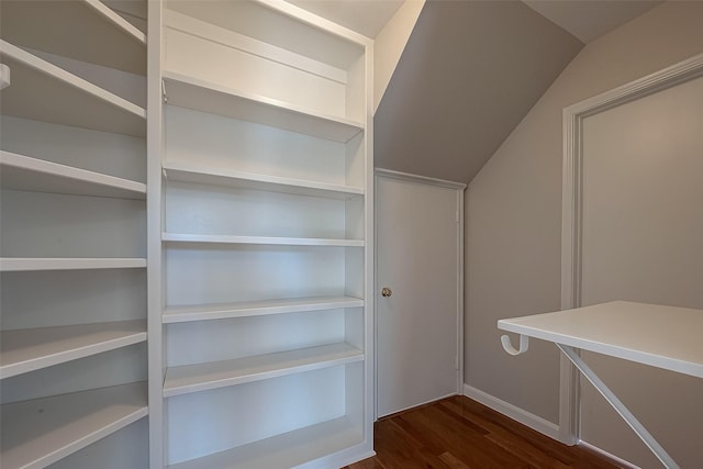 spacious closet with dark hardwood / wood-style flooring