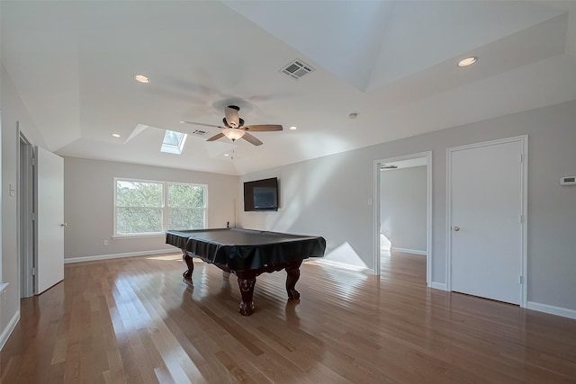 game room with hardwood / wood-style flooring, ceiling fan, pool table, and a raised ceiling