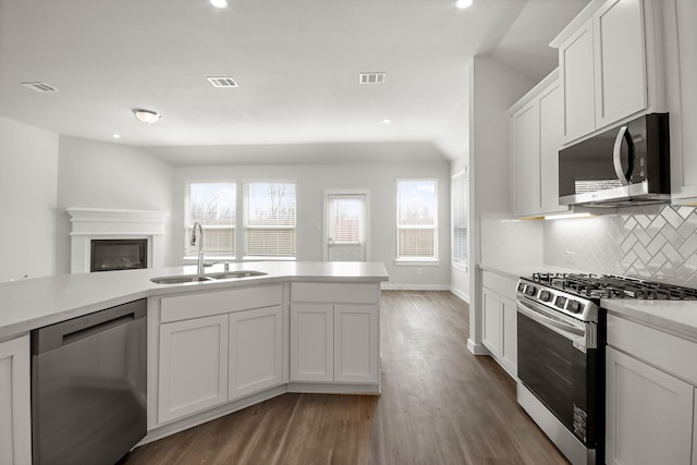 kitchen with sink, appliances with stainless steel finishes, backsplash, white cabinets, and dark hardwood / wood-style flooring