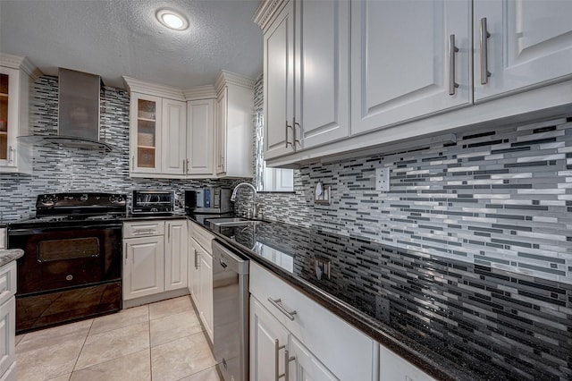 kitchen with light tile patterned flooring, a sink, black electric range, stainless steel dishwasher, and wall chimney exhaust hood