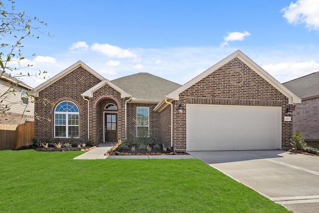 view of front facade with a garage and a front lawn