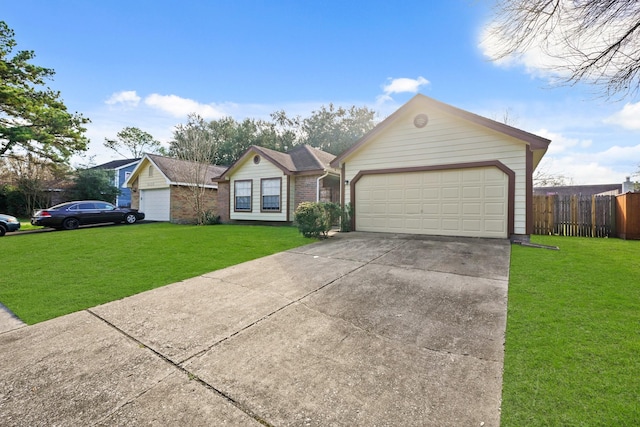 ranch-style house featuring driveway, a front lawn, fence, and brick siding