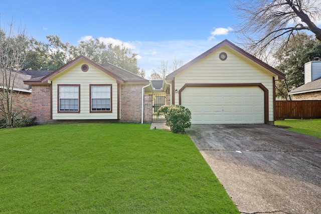 ranch-style house with a front yard, concrete driveway, and brick siding