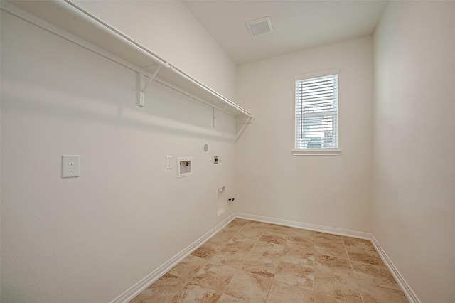 laundry area featuring hookup for a gas dryer, laundry area, visible vents, baseboards, and electric dryer hookup