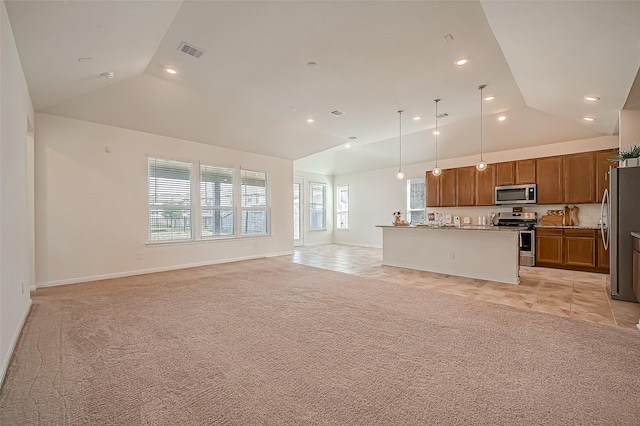 unfurnished living room featuring light tile patterned floors, recessed lighting, light colored carpet, visible vents, and baseboards