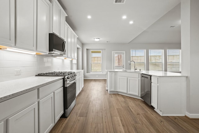 kitchen with white cabinetry, stainless steel appliances, light stone countertops, and sink