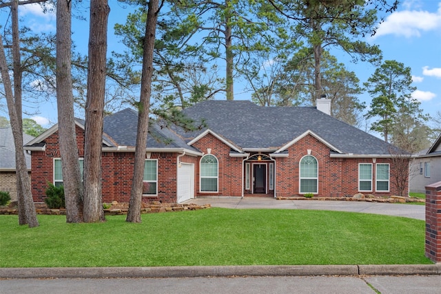 ranch-style house featuring brick siding, a shingled roof, a chimney, an attached garage, and a front yard