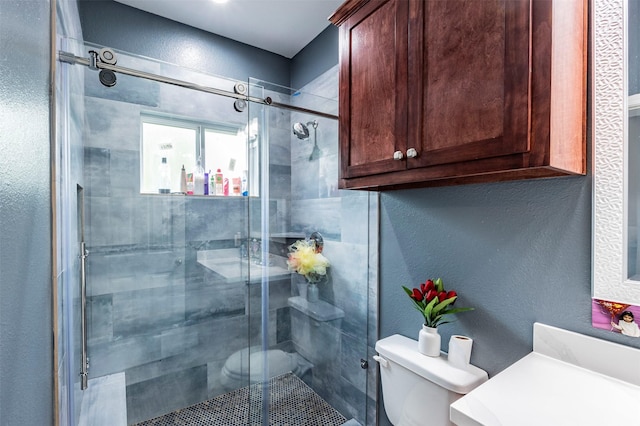 bathroom featuring a shower with door, vanity, and toilet