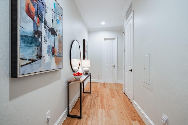 hallway featuring crown molding and light hardwood / wood-style floors