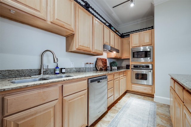 kitchen with light brown cabinetry, sink, crown molding, light stone counters, and stainless steel appliances