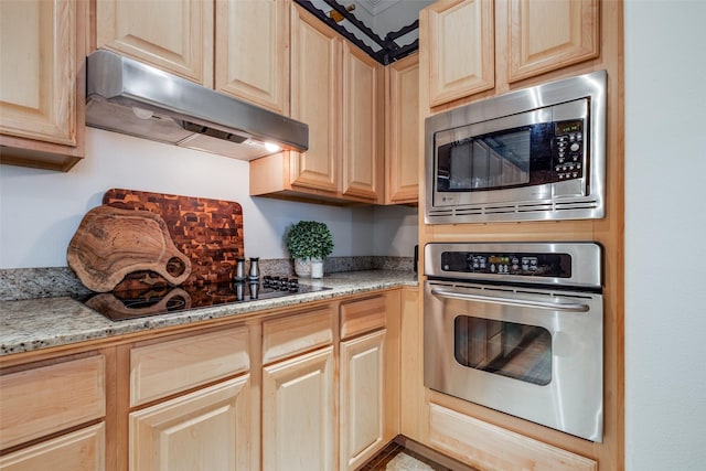 kitchen featuring light stone counters, stainless steel appliances, and light brown cabinets