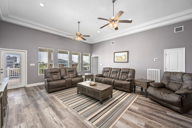 living room featuring a raised ceiling, wood-type flooring, a high ceiling, and a textured ceiling