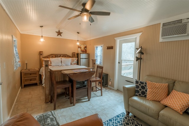 bedroom featuring ceiling fan, a wall mounted air conditioner, access to exterior, and vaulted ceiling