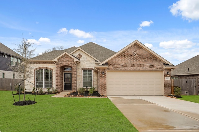 view of front of property with a garage and a front lawn