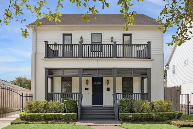 view of front of home with a balcony and covered porch