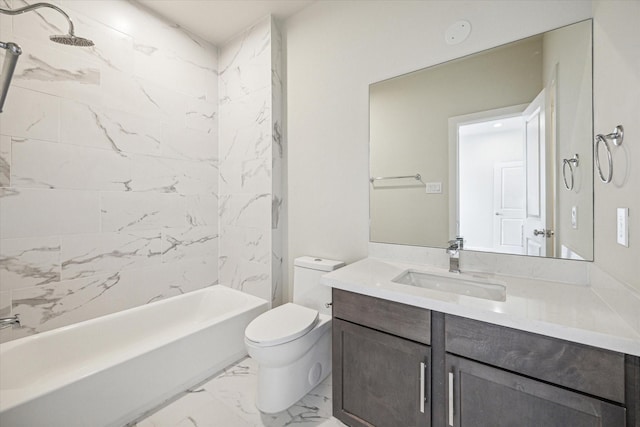 full bathroom featuring tiled shower / bath combo, vanity, and toilet