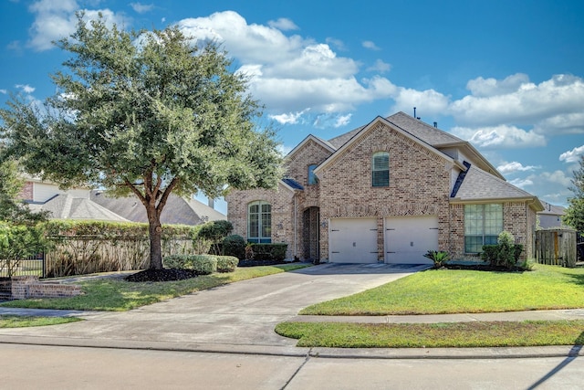 front facade with a garage and a front lawn