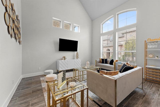 living room featuring high vaulted ceiling