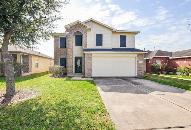 view of property with a garage and a front yard