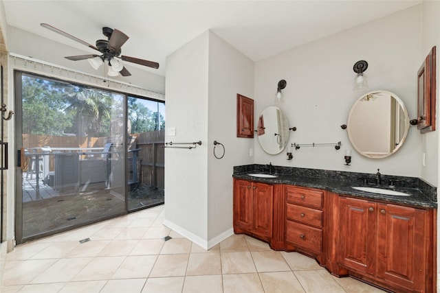 bathroom featuring vanity, tile patterned flooring, and ceiling fan