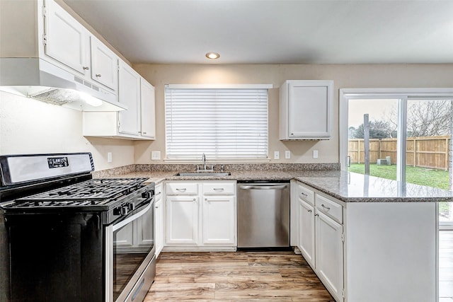 kitchen with stainless steel appliances, white cabinetry, sink, and kitchen peninsula