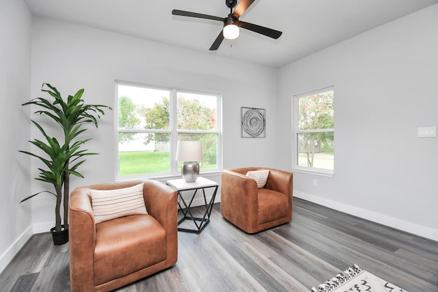 living area with hardwood / wood-style floors and ceiling fan