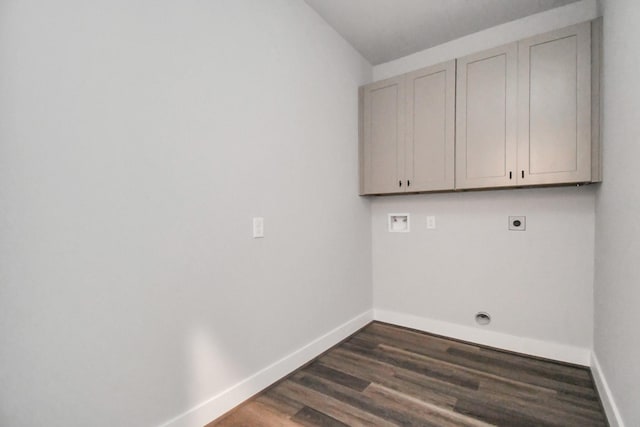 washroom with cabinets, washer hookup, dark hardwood / wood-style floors, and electric dryer hookup