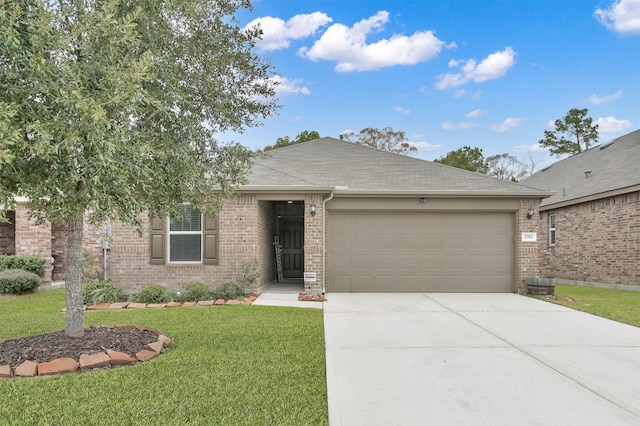 single story home featuring brick siding, roof with shingles, an attached garage, driveway, and a front lawn