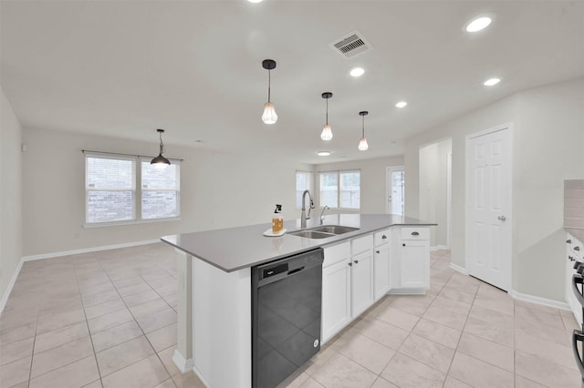 kitchen with recessed lighting, a sink, white cabinetry, visible vents, and black dishwasher