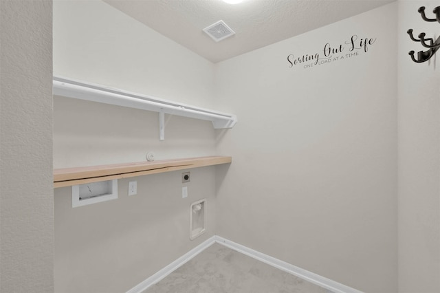 laundry room featuring hookup for a washing machine, laundry area, visible vents, baseboards, and electric dryer hookup