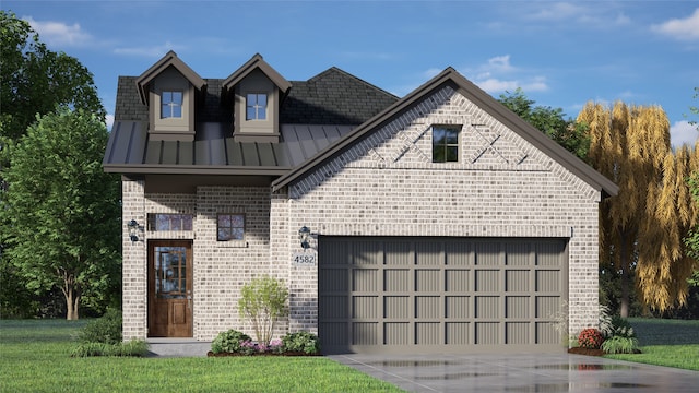 view of front facade with brick siding, a standing seam roof, metal roof, a garage, and driveway