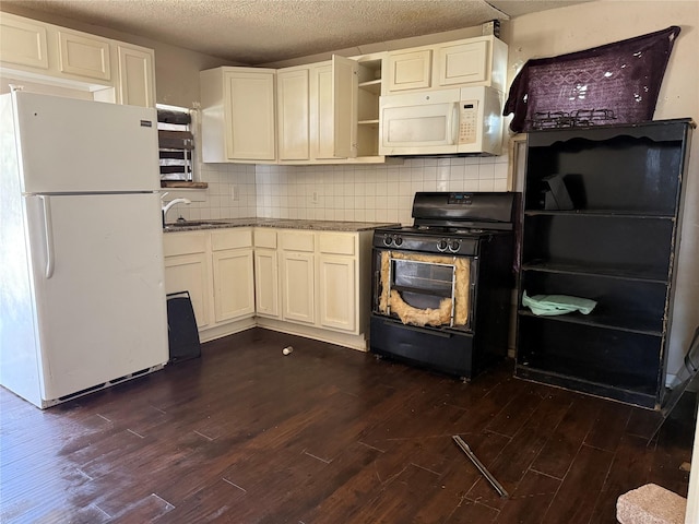 kitchen with dark hardwood / wood-style flooring, sink, white appliances, and decorative backsplash