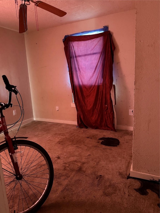 misc room with ceiling fan, a textured ceiling, and carpet flooring