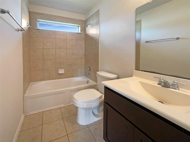 full bathroom featuring vanity, tiled shower / bath combo, tile patterned floors, and toilet