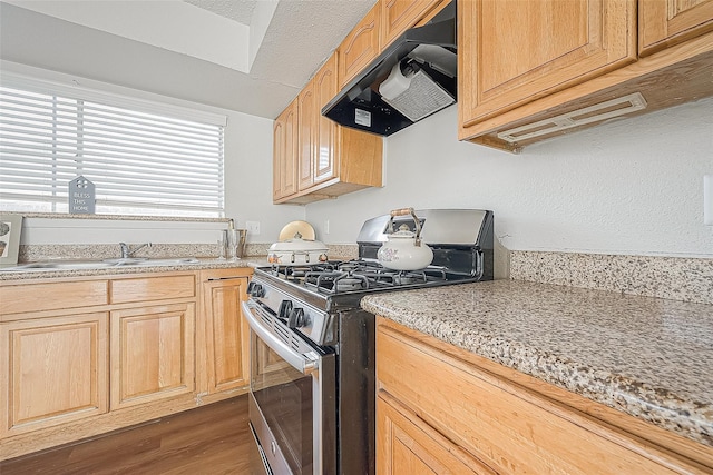 kitchen with dark wood-type flooring, range hood, stainless steel range with gas stovetop, and light brown cabinets