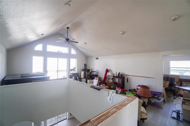 interior space with lofted ceiling, a textured ceiling, wood-type flooring, and a wealth of natural light