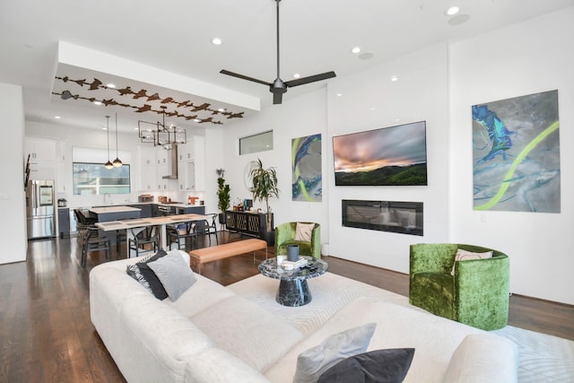 living room featuring sink and dark wood-type flooring