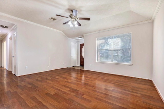 unfurnished room featuring dark hardwood / wood-style flooring, crown molding, and ceiling fan