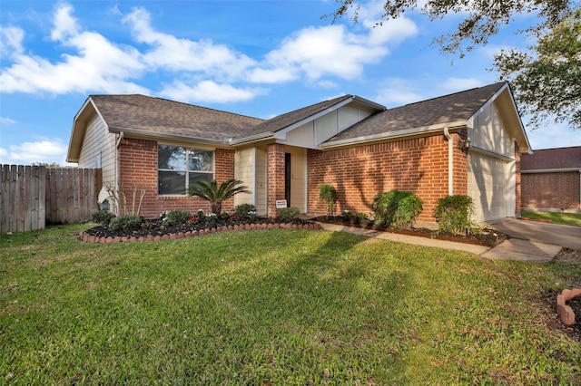 ranch-style home featuring a garage and a front lawn