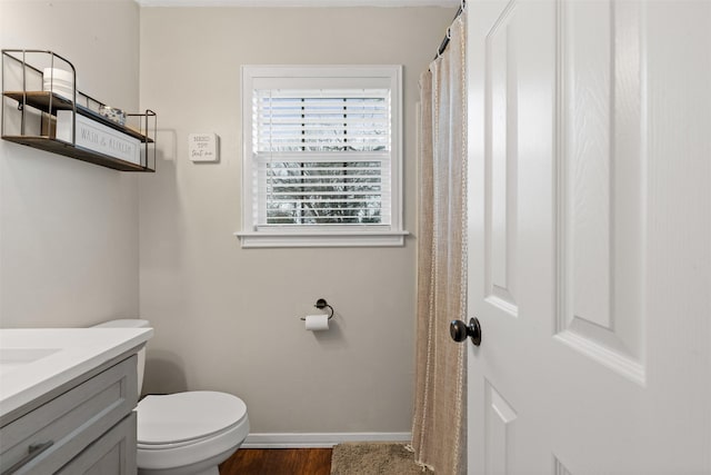 bathroom featuring vanity, toilet, and wood-type flooring