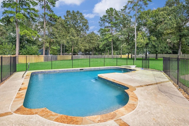 view of pool with a patio area and a lawn