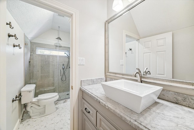 bathroom with lofted ceiling, vanity, a textured ceiling, toilet, and walk in shower