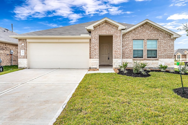 ranch-style house featuring a garage and a front yard