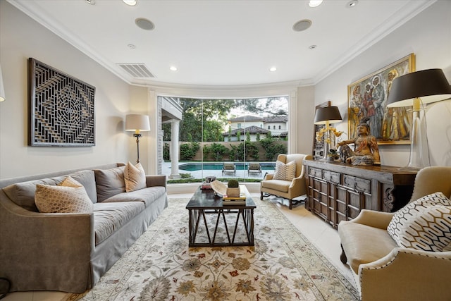 tiled living room with crown molding