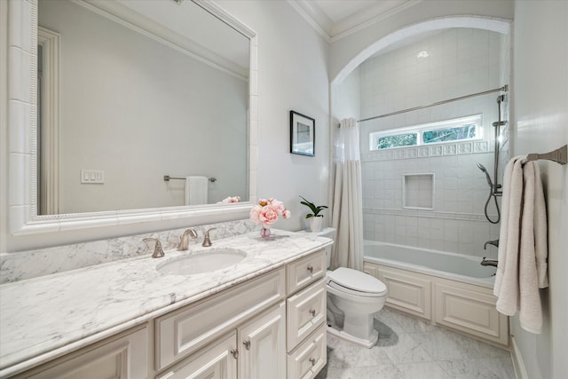 full bathroom with shower / tub combo, vanity, ornamental molding, and toilet