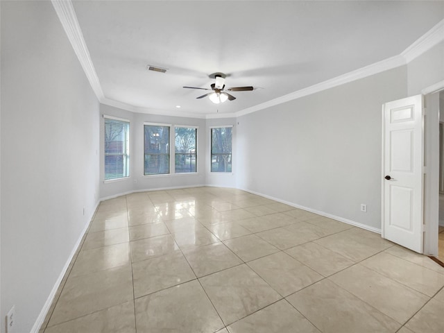 tiled empty room with ornamental molding and ceiling fan